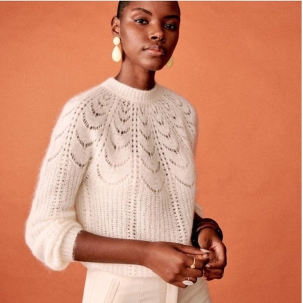 Sezane La Maille XXL Ecru Off White Kid Mohair Wool Pointelle Cable Knit Sweater